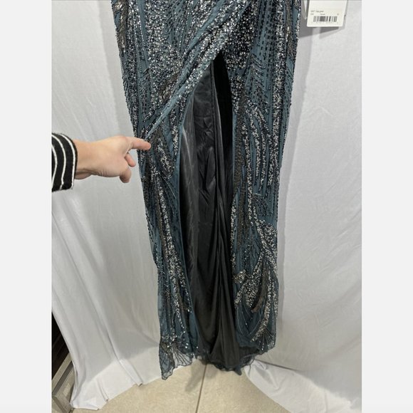 NWT $598 Mac Duggal [ 12 ] Intricate Beaded V-Neck High Slit Gown Charcoal #Q565 - Picture 9 of 16